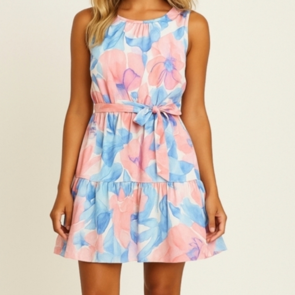 NEW DKNY Pink Floral Salmon Combo Ruffle Blue Watercolor Mini Dress Large